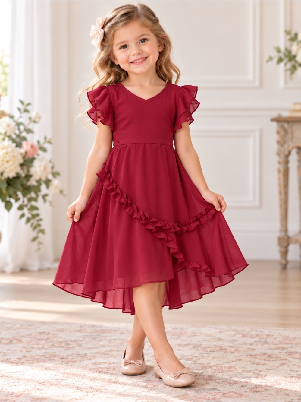 Joyfolie Burgundy Ruffle Chiffon Party Dress
